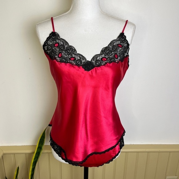 Dior Other - Vintage Christian Dior Lingerie Set Cami Panties Red Satin Lace 70s Coquette